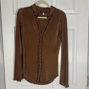 Urban Outfitters Brown Ribbed Long-Sleeve Ruffle-Trim Button Front Top